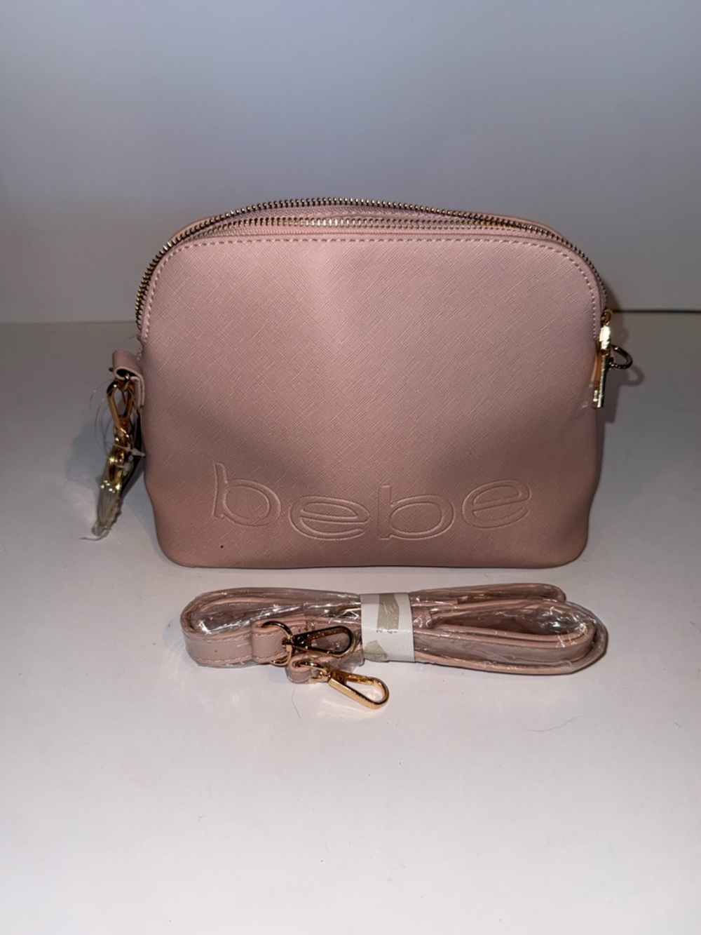 bebe Powder Pink Crossbody Bag with Gold Hardware